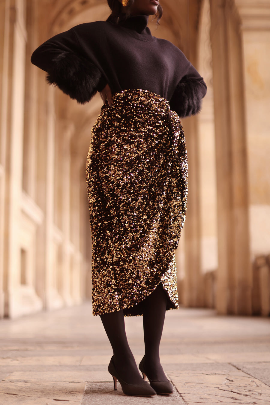 Gold Sequin Wrap Skirt