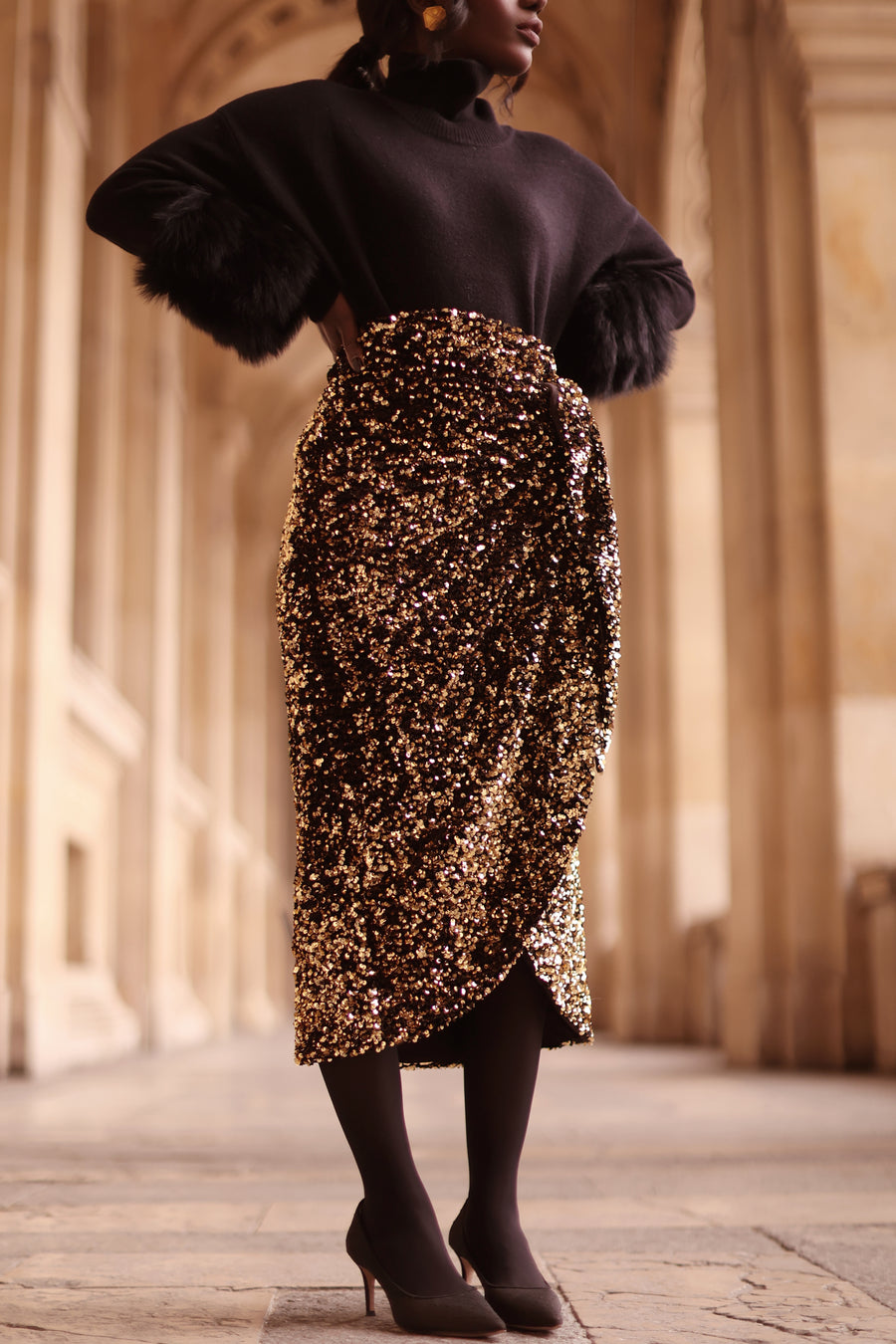 Gold Sequin Wrap Skirt