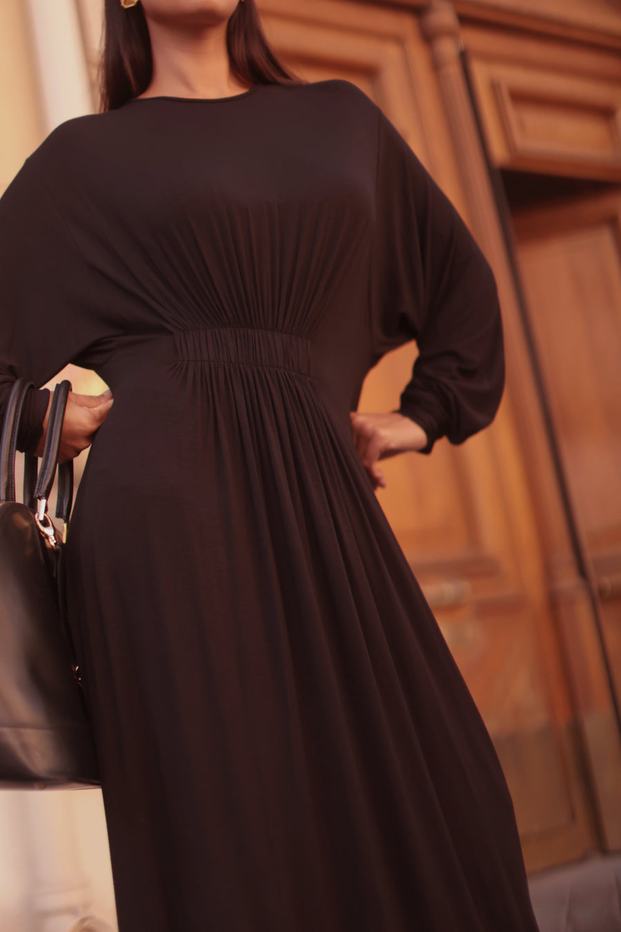 Black Cotton Draped Dress