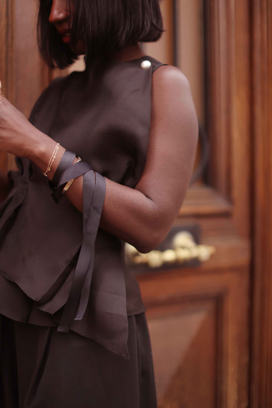 Black Stiff Silk Orsay Blouse