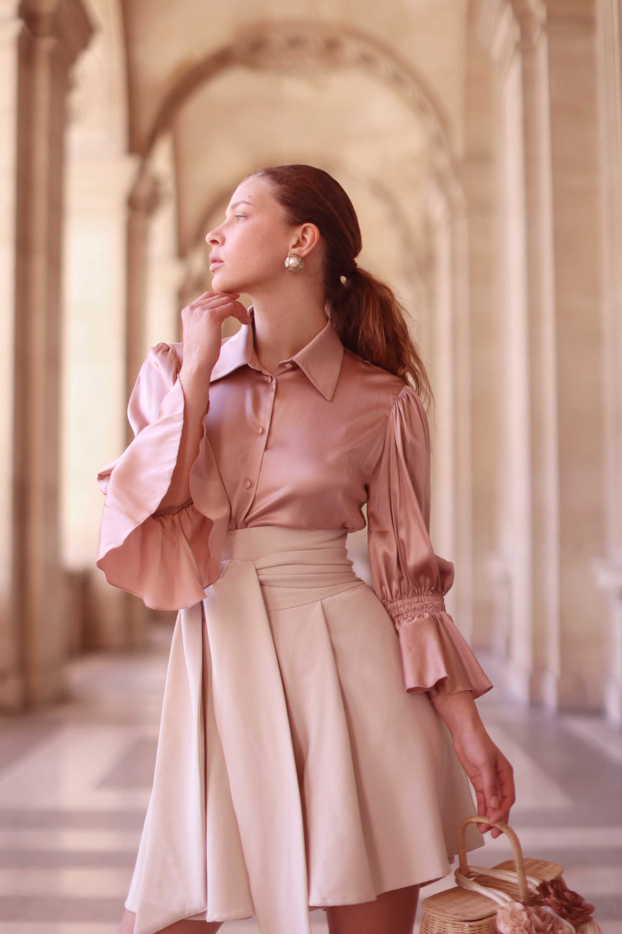 Pink Ruched Silk Blouse