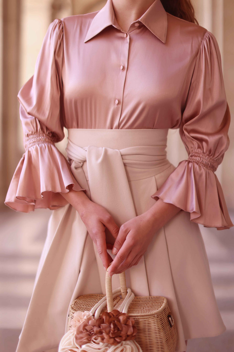 Pink Ruched Silk Blouse