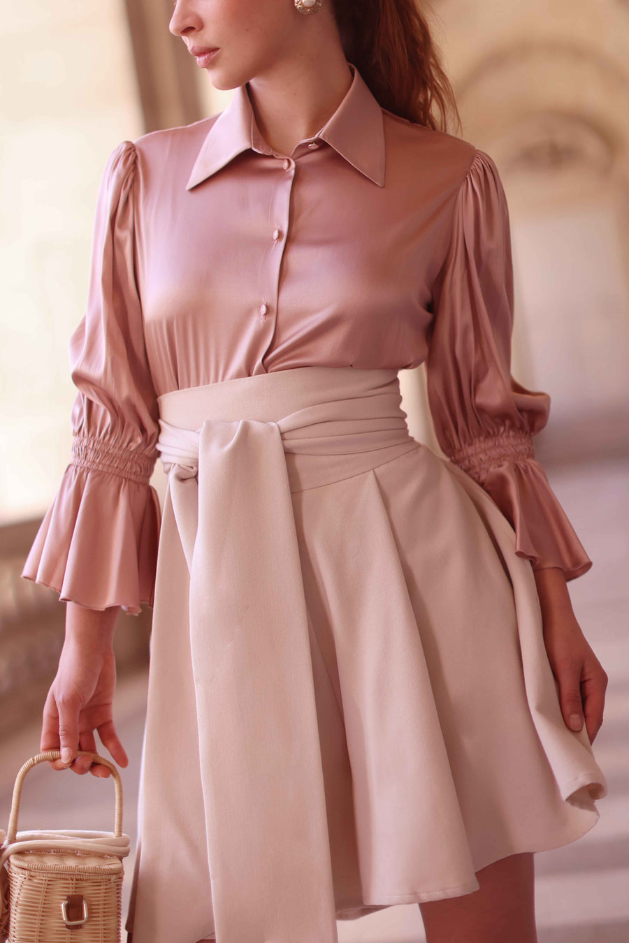 Pink Ruched Silk Blouse