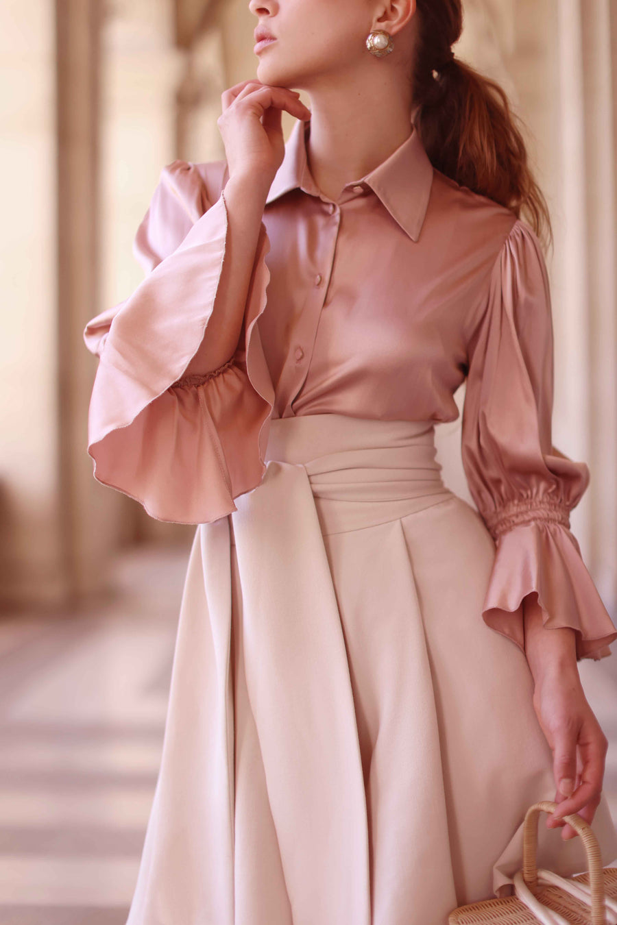 Pink Ruched Silk Blouse