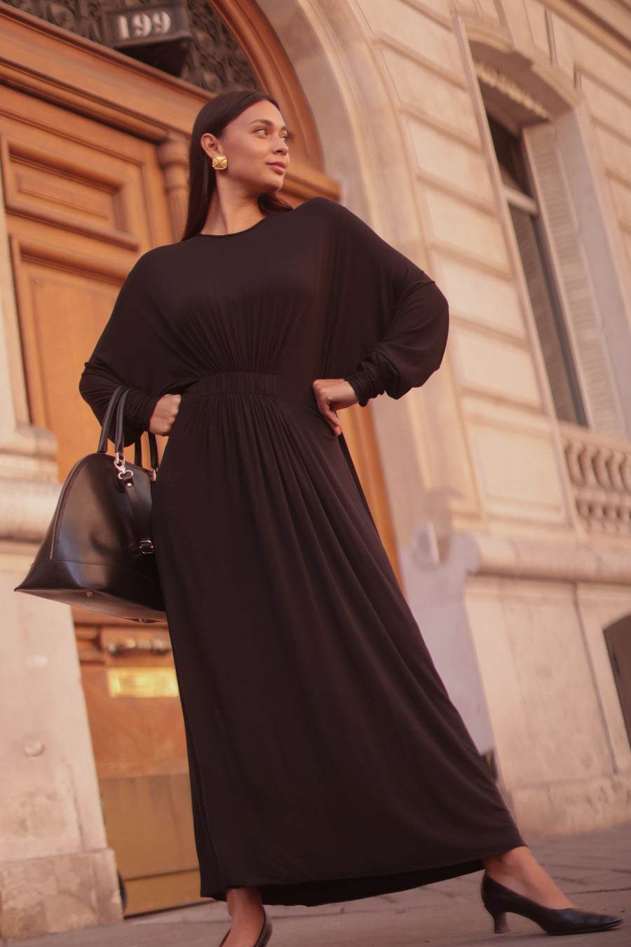 Black Cotton Draped Dress