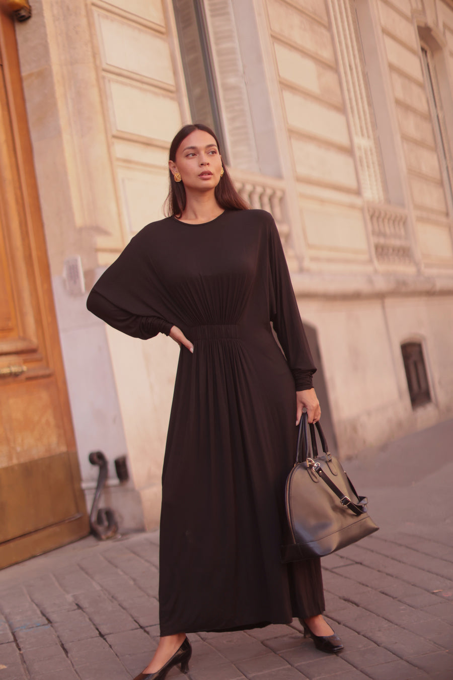 Black Cotton Draped Dress