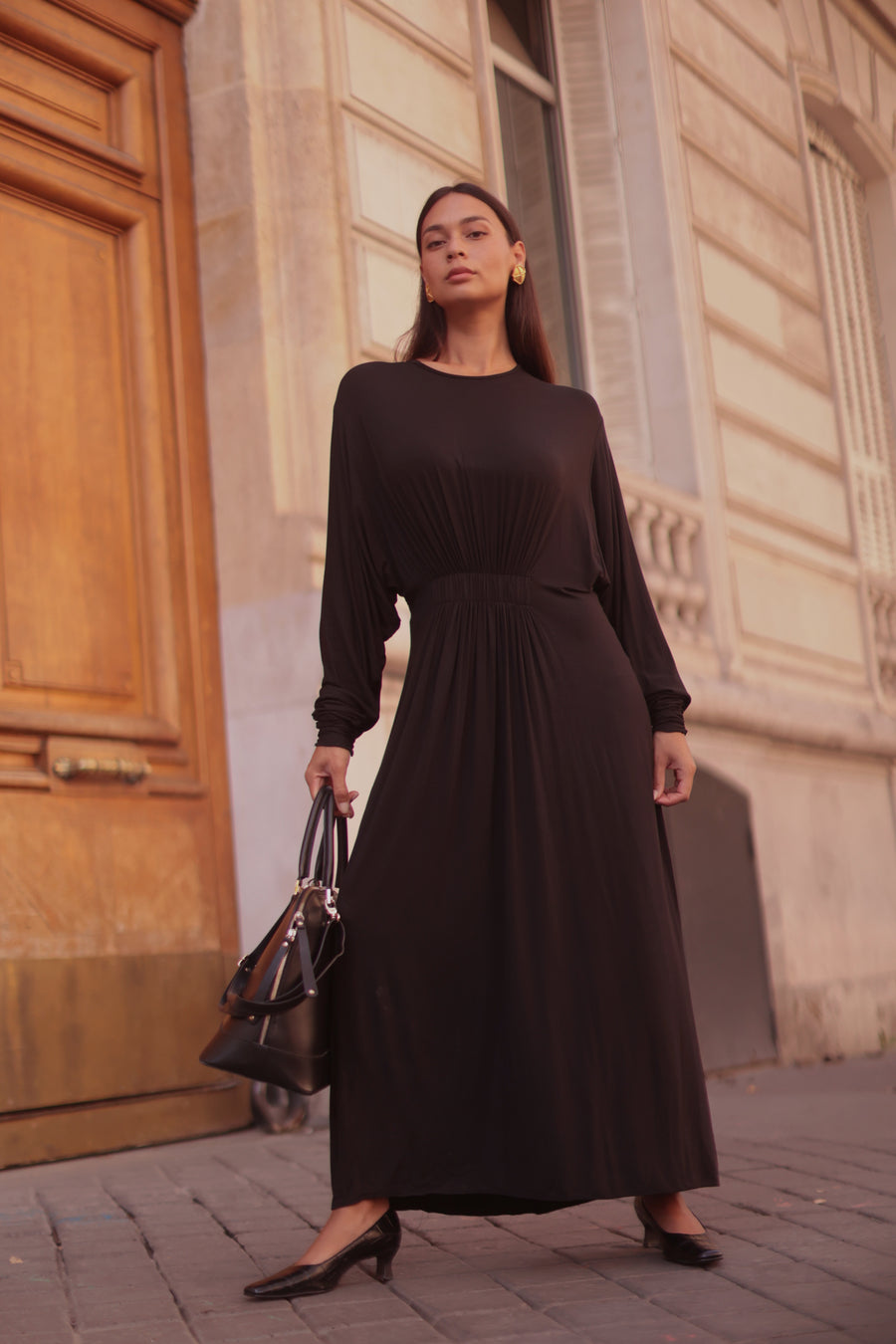 Black Cotton Draped Dress