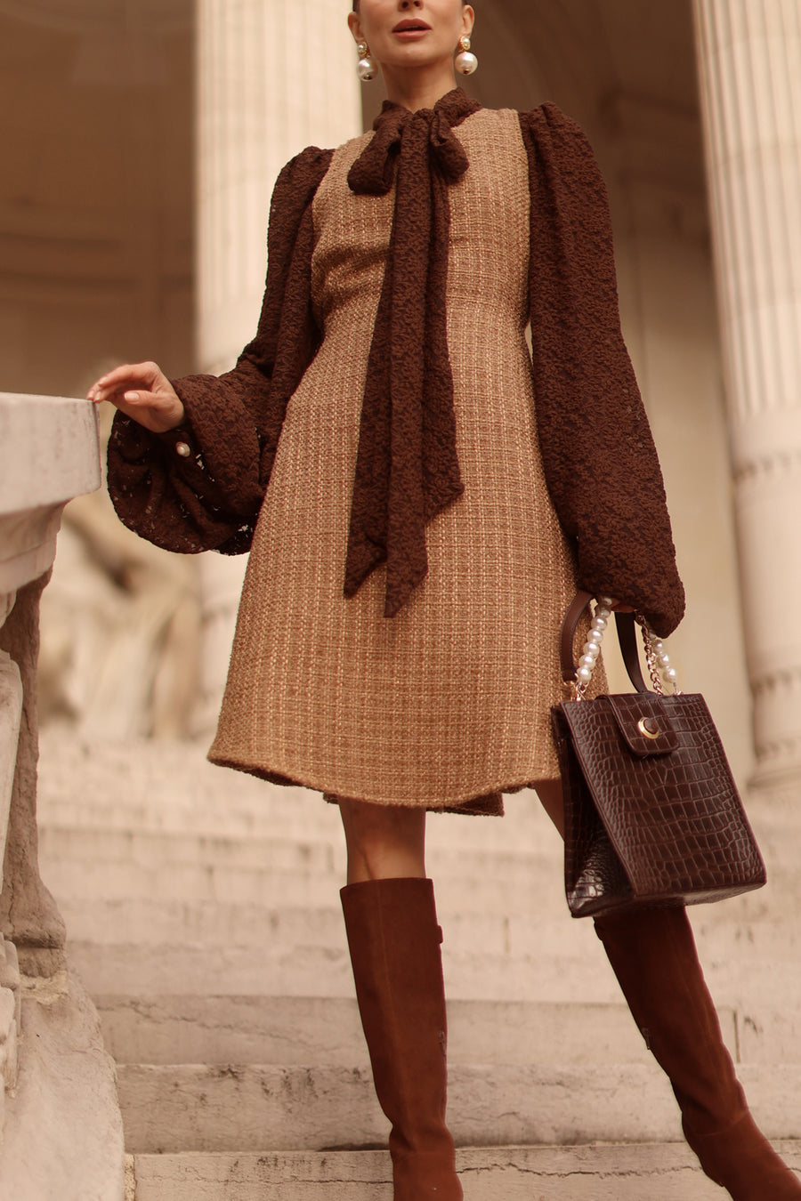 Camel Tweed Swing Dress