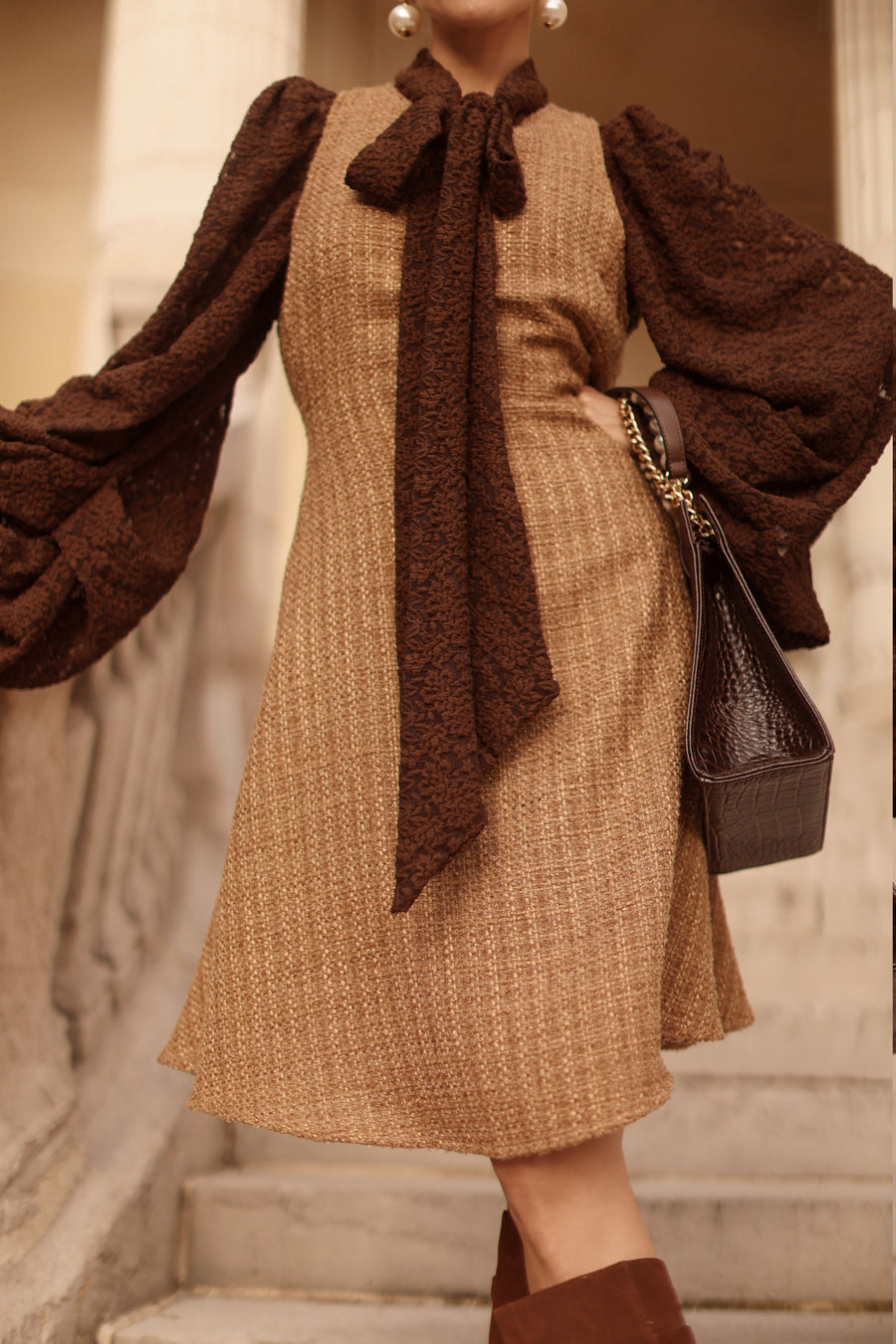 Camel Tweed Swing Dress