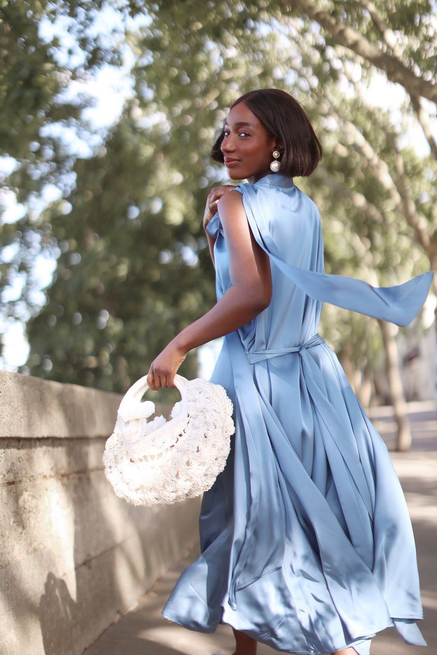 Silky Blue Tailored Tie Dress