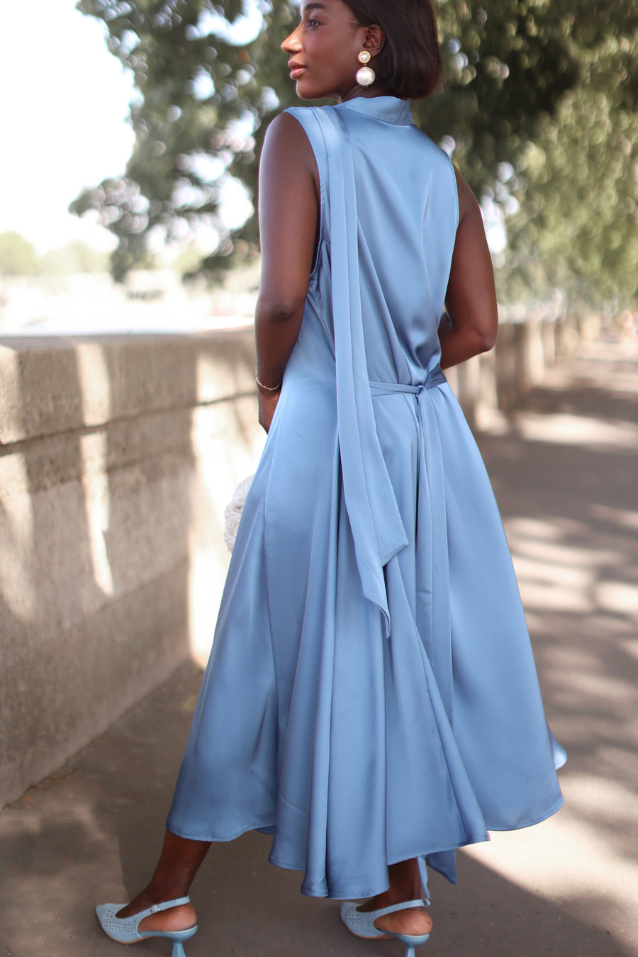 Silky Blue Tailored Tie Dress