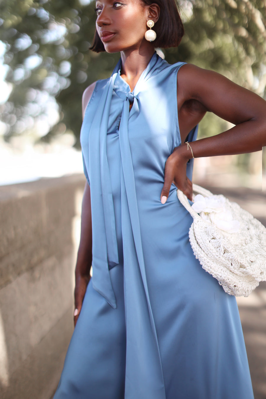 Silky Blue Tailored Tie Dress