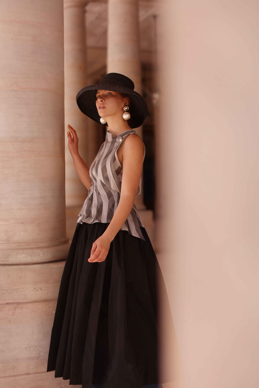Grey Striped Silk Orsay Blouse