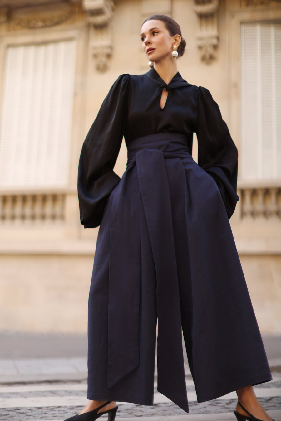Navy Tailored Wrap Trousers