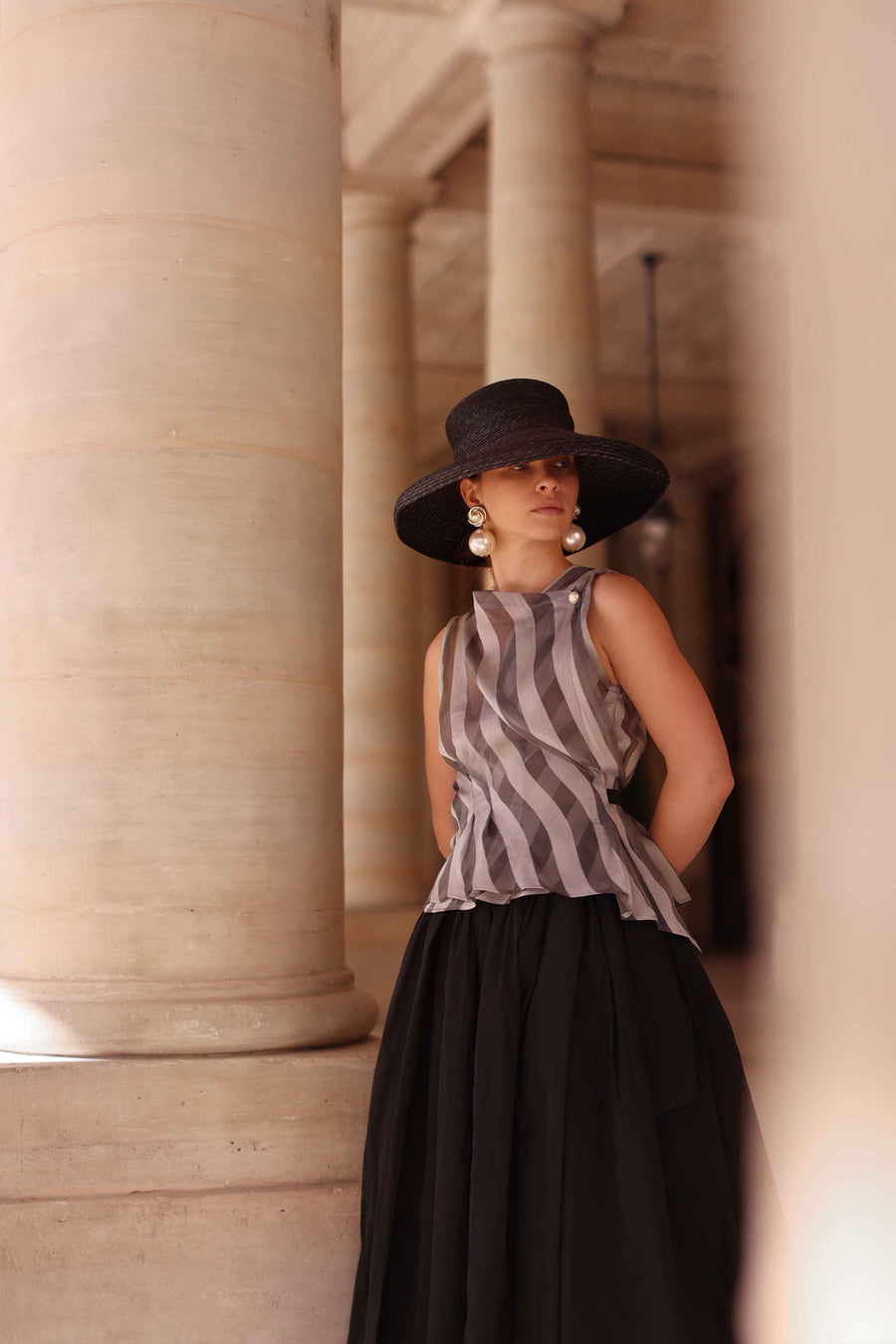 Grey Striped Silk Orsay Blouse