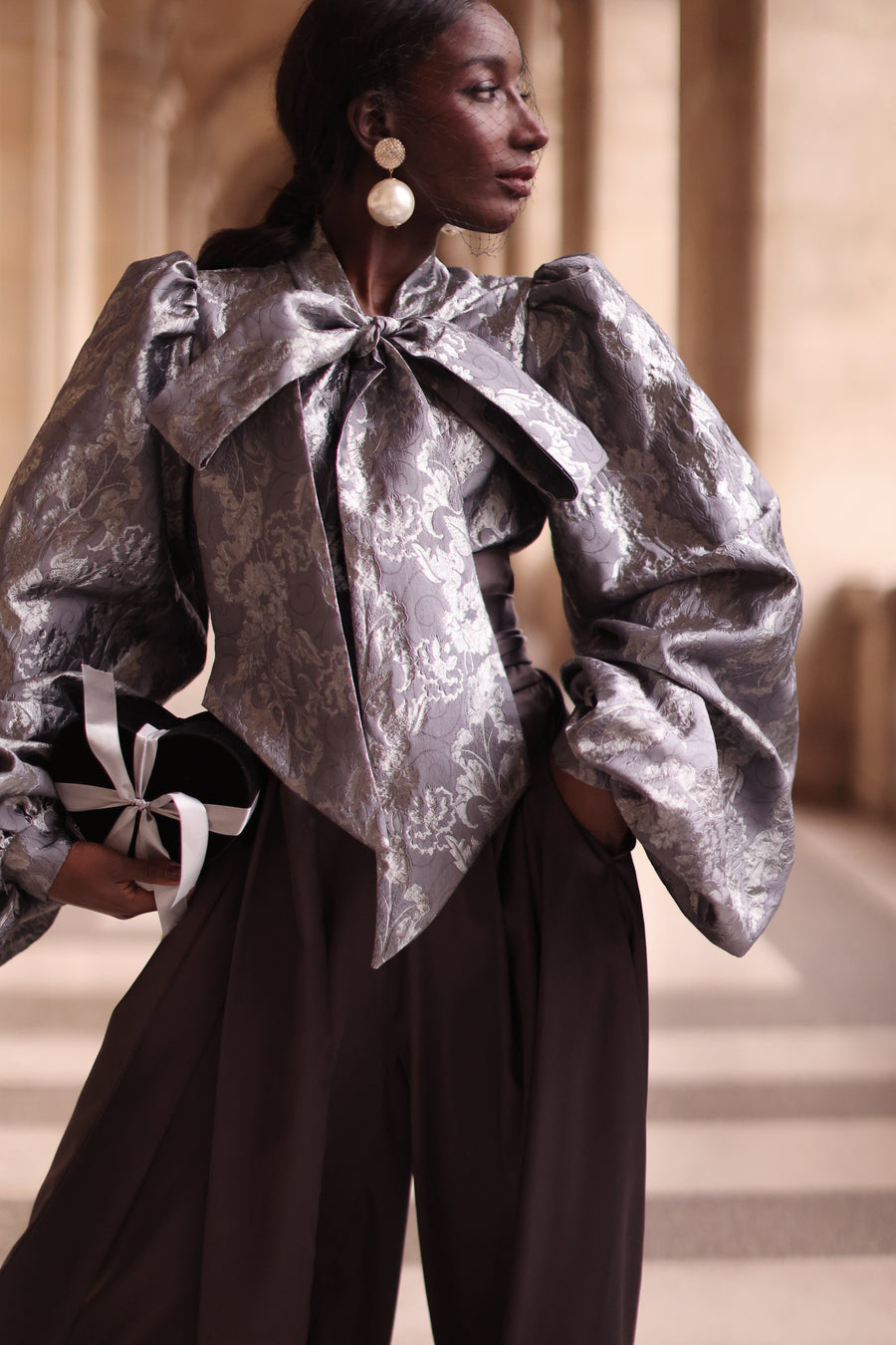 Jacquard Grey Floral Baroque Blouse