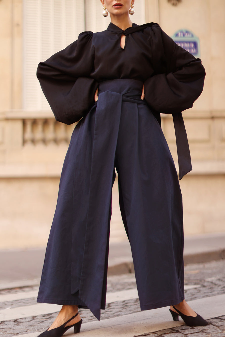 Navy Tailored Wrap Trousers