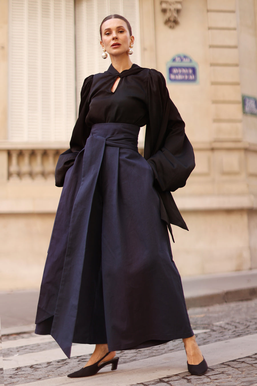 Navy Tailored Wrap Trousers