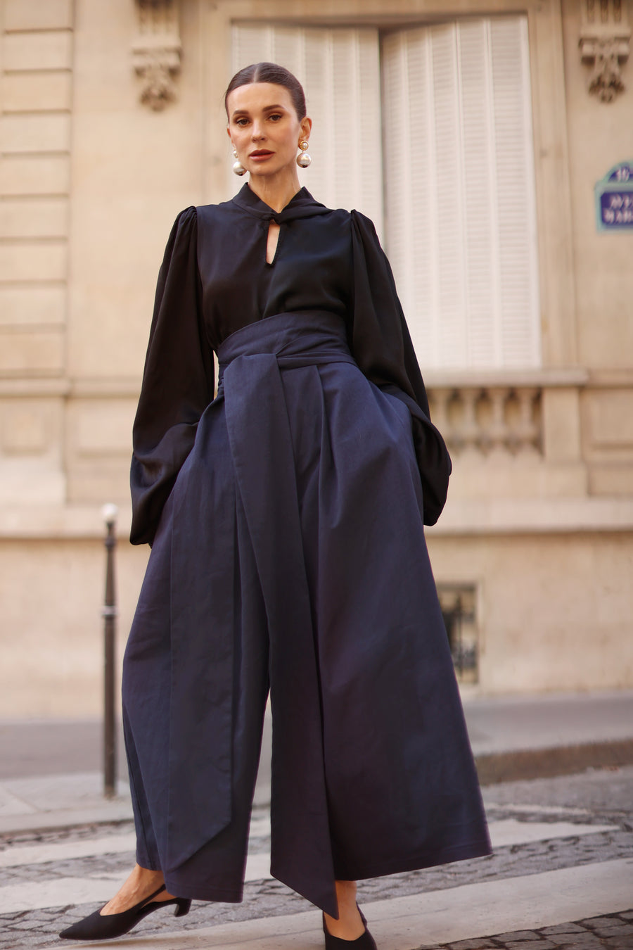 Navy Tailored Wrap Trousers