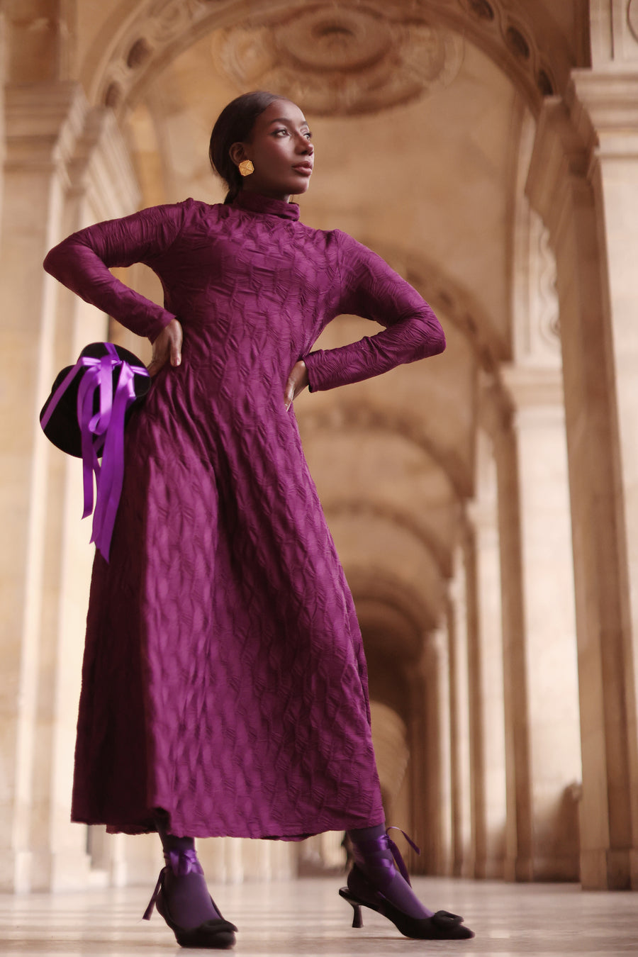 Purple Turtleneck Swing Dress