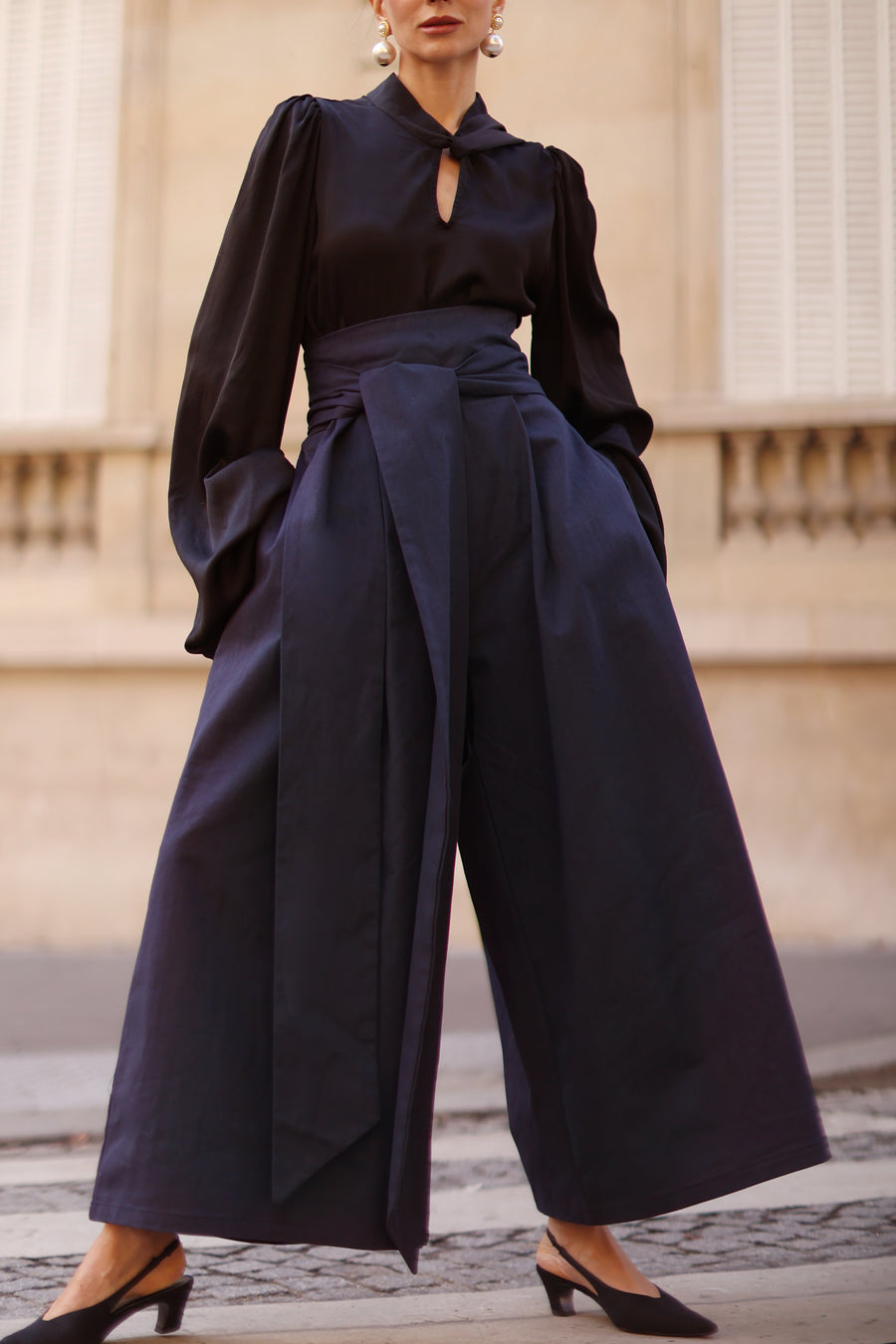 Navy Tailored Wrap Trousers