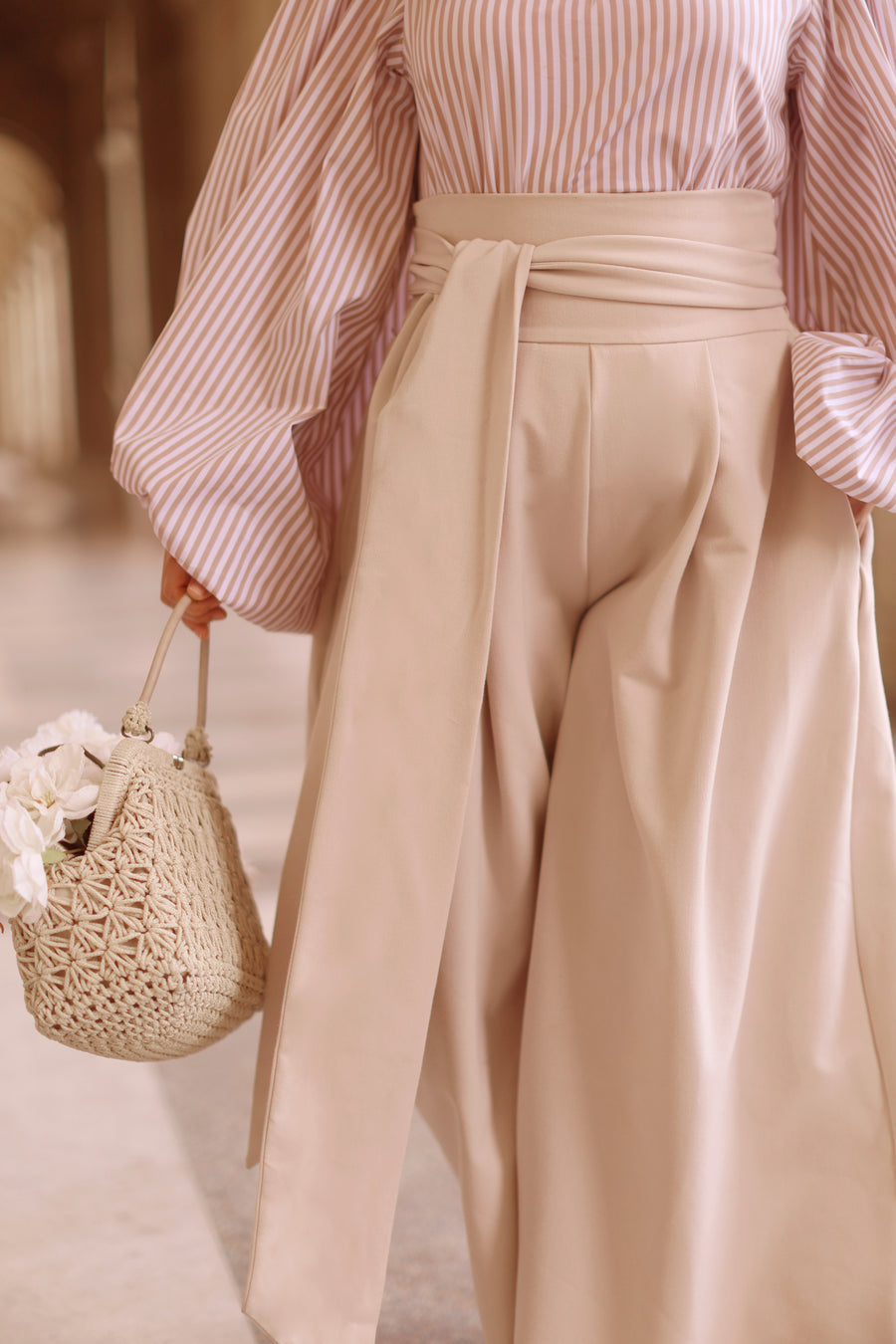 Cream Tailored Wrap Trousers