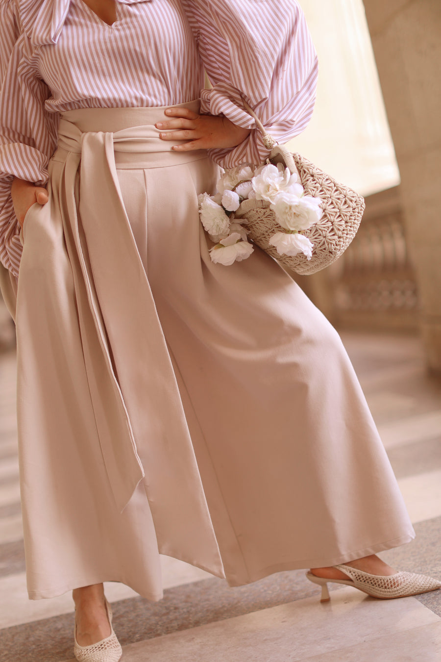 Cream Tailored Wrap Trousers