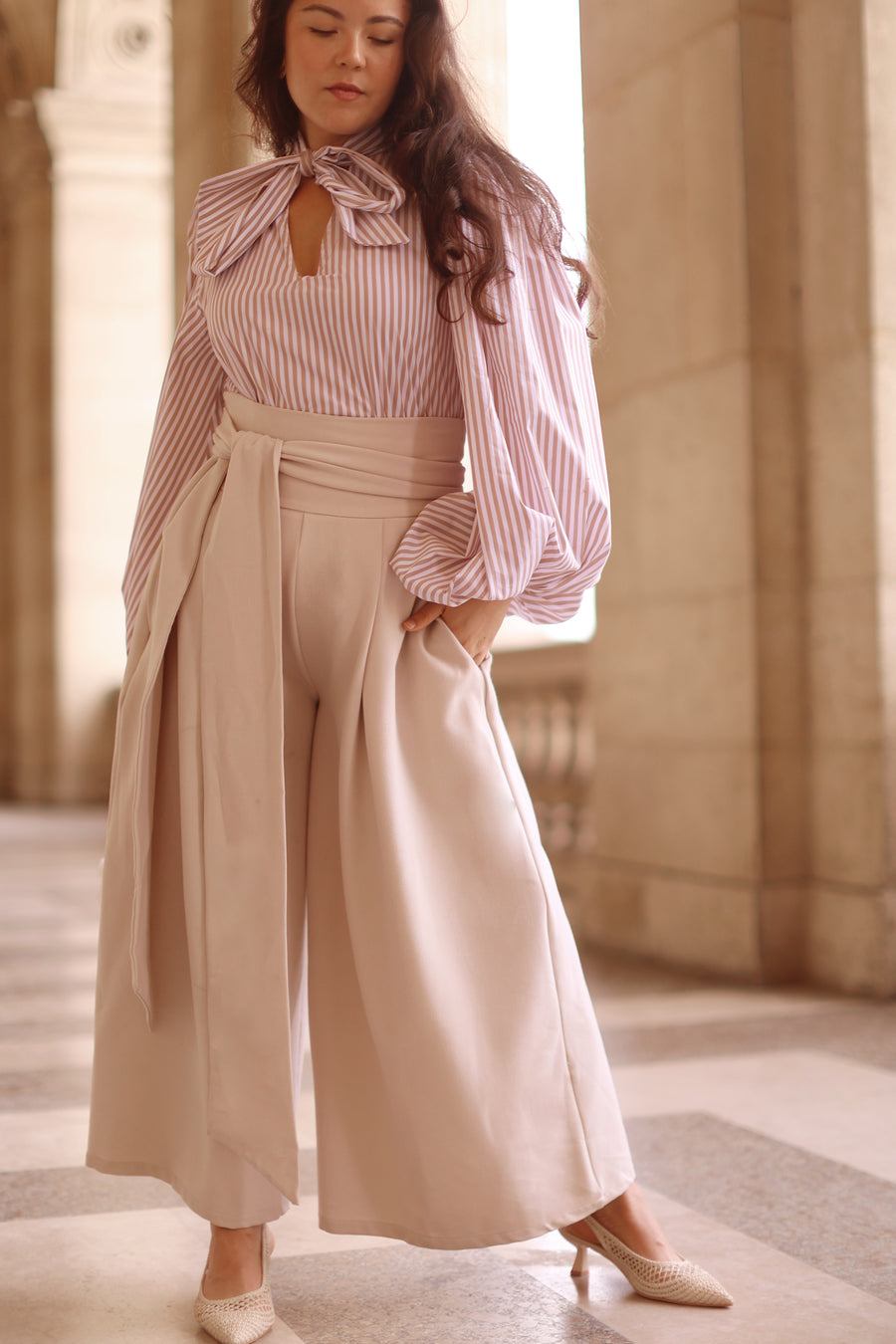 Cream Tailored Wrap Trousers
