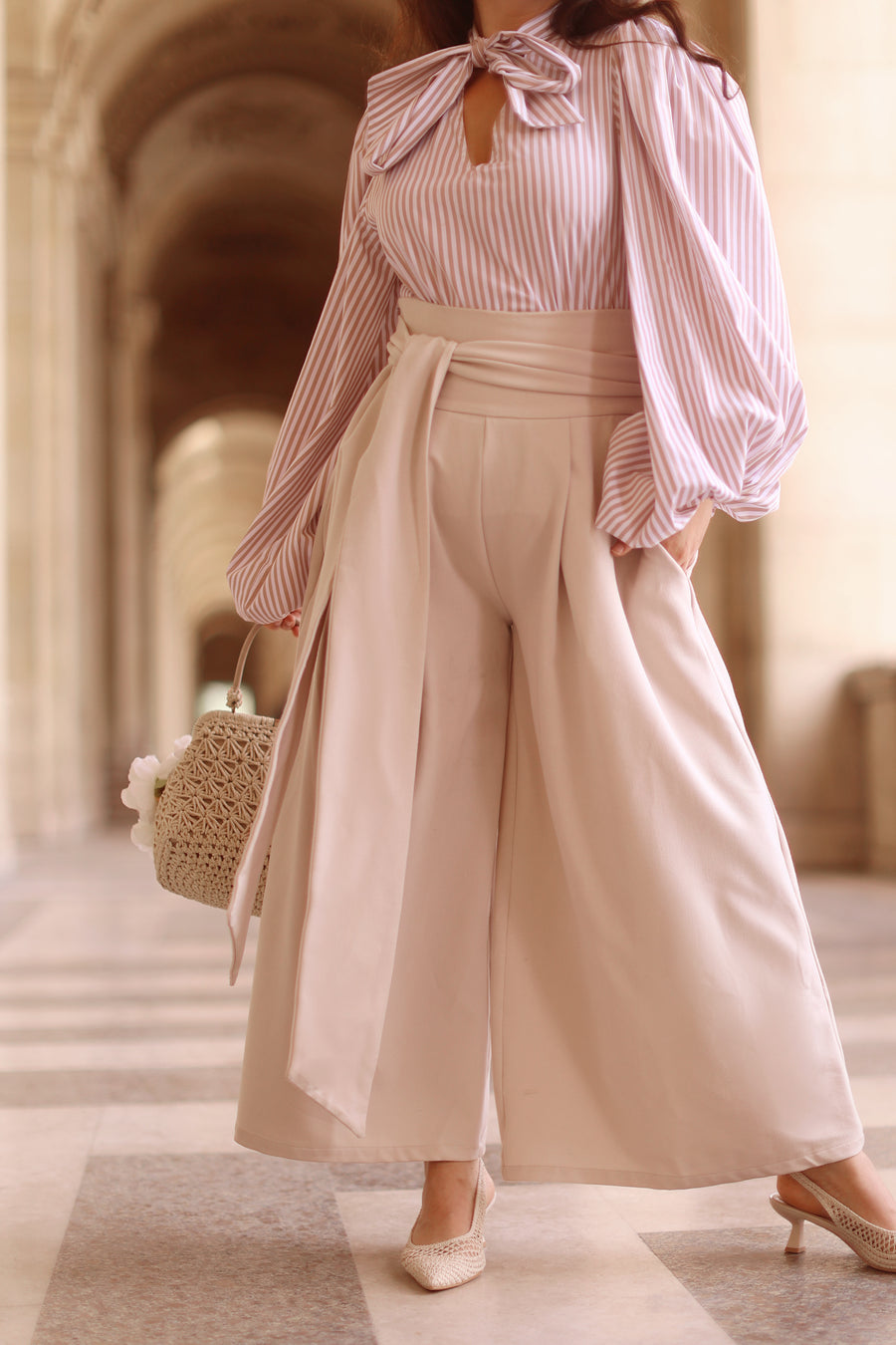 Cream Tailored Wrap Trousers