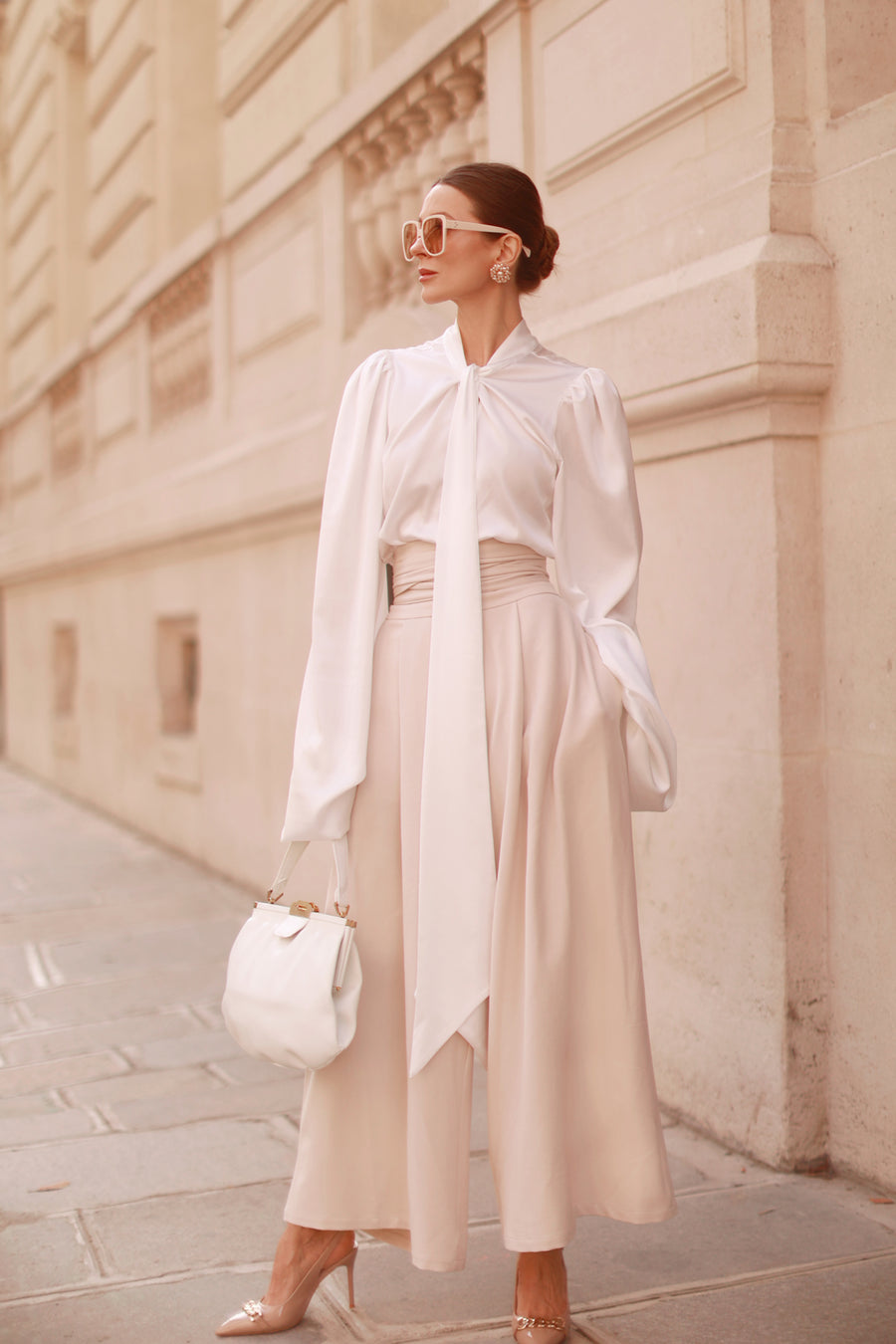 Cream Tailored Wrap Trousers