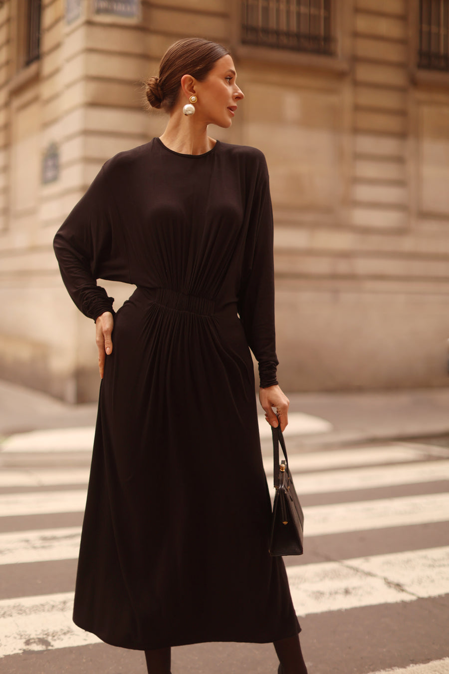 Black Cotton Draped Dress