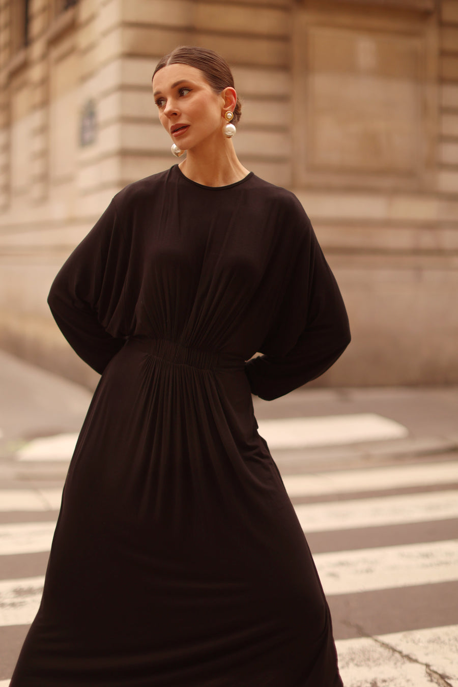 Black Cotton Draped Dress