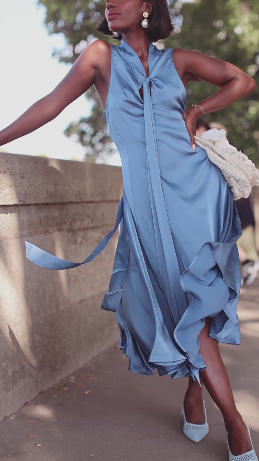 Silky Blue Tailored Tie Dress
