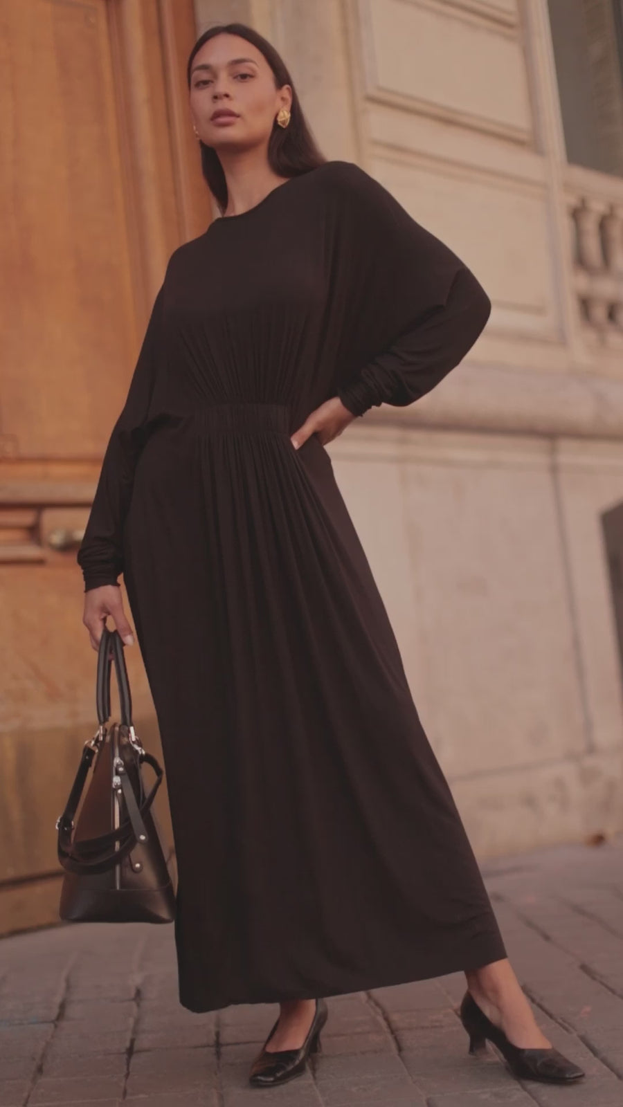 Black Cotton Draped Dress