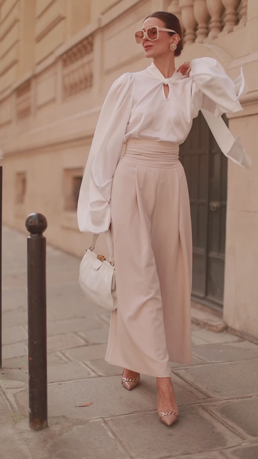 Cream Tailored Wrap Trousers