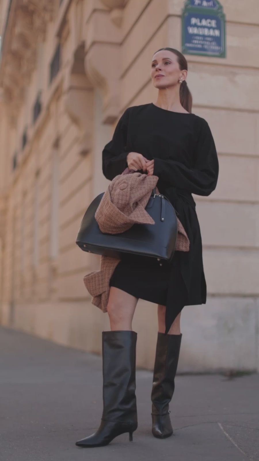 Classic Round Neck Black Wrap Dress