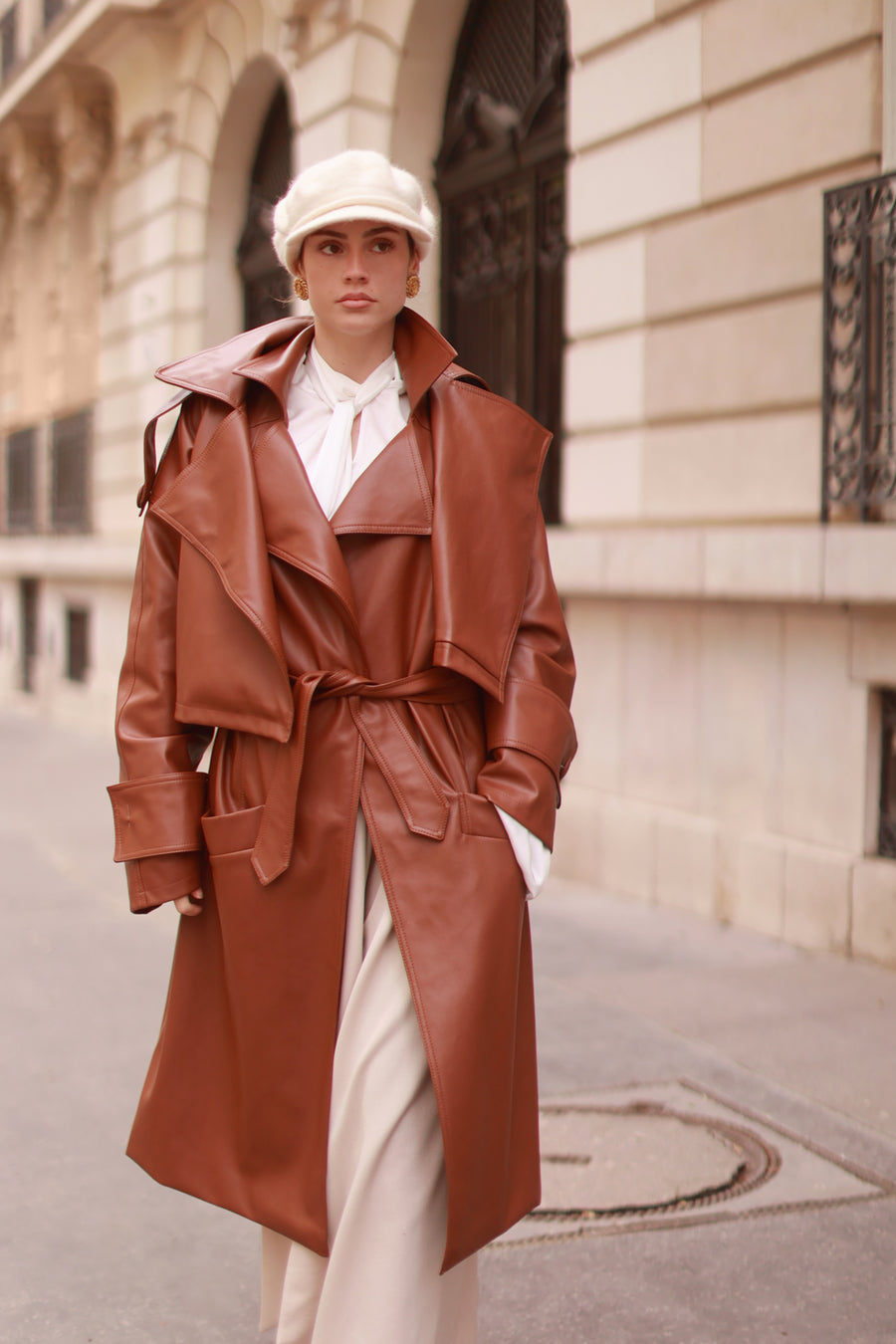 Faux Leather Brown French Trench