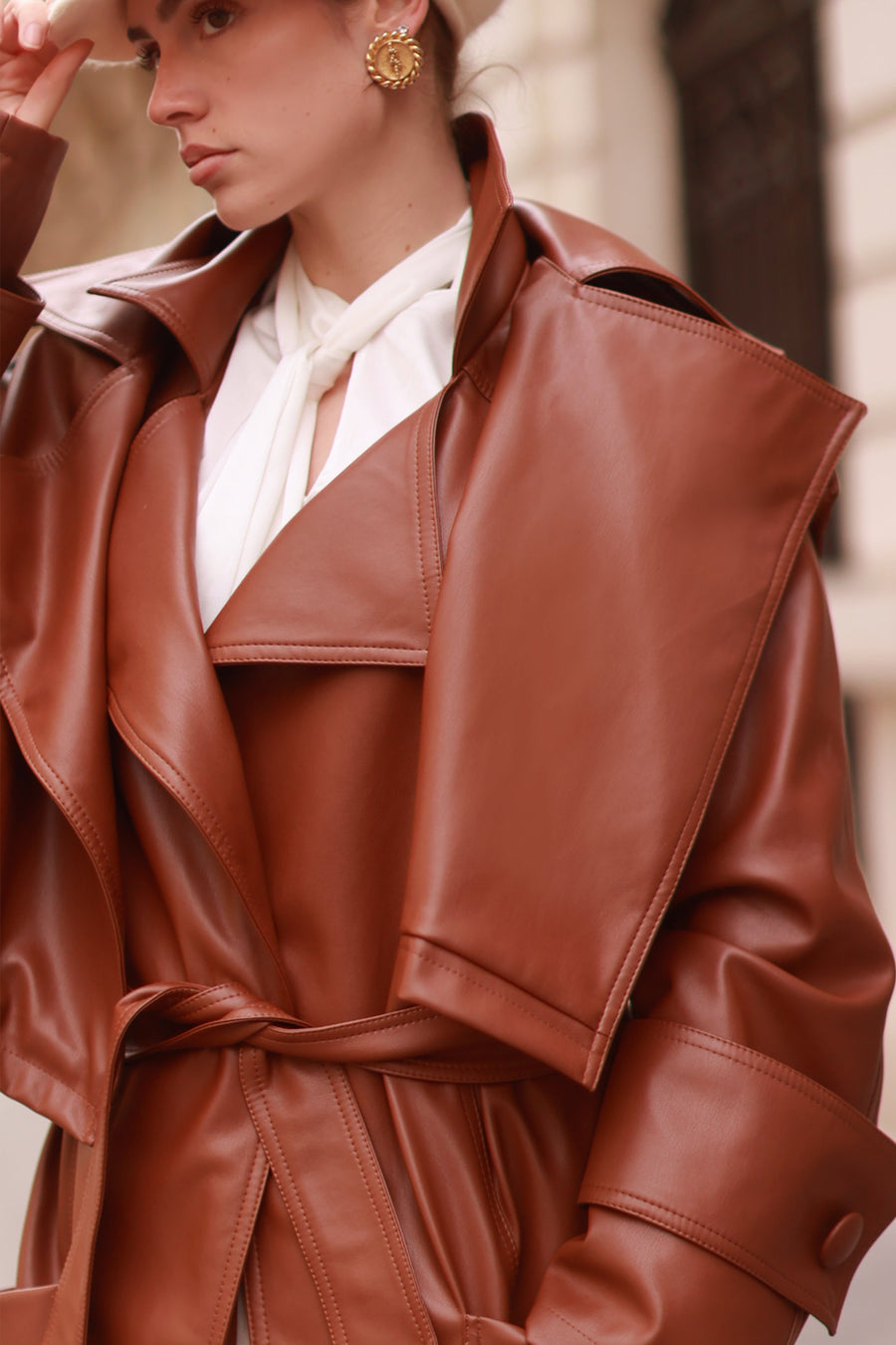 Faux Leather Brown French Trench