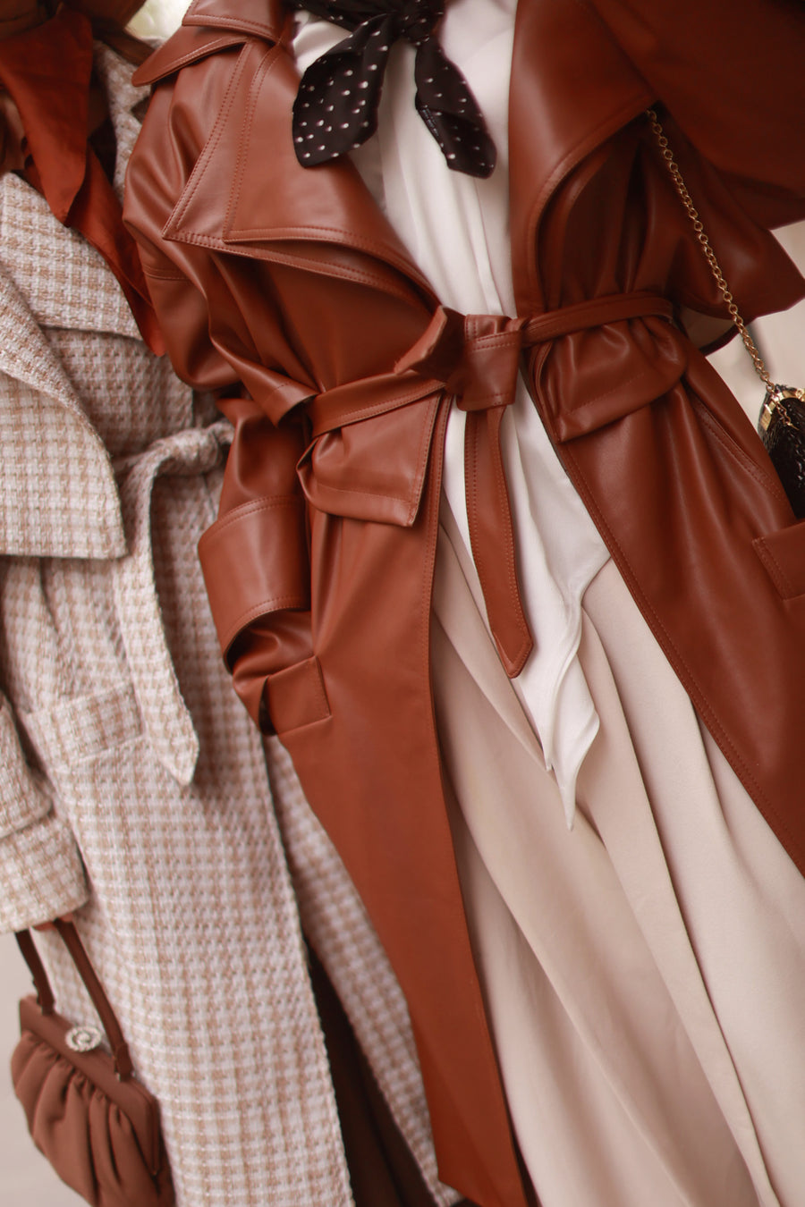 Faux Leather Brown French Trench