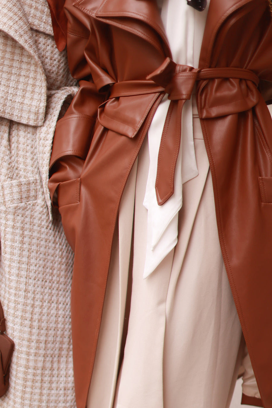 Faux Leather Brown French Trench