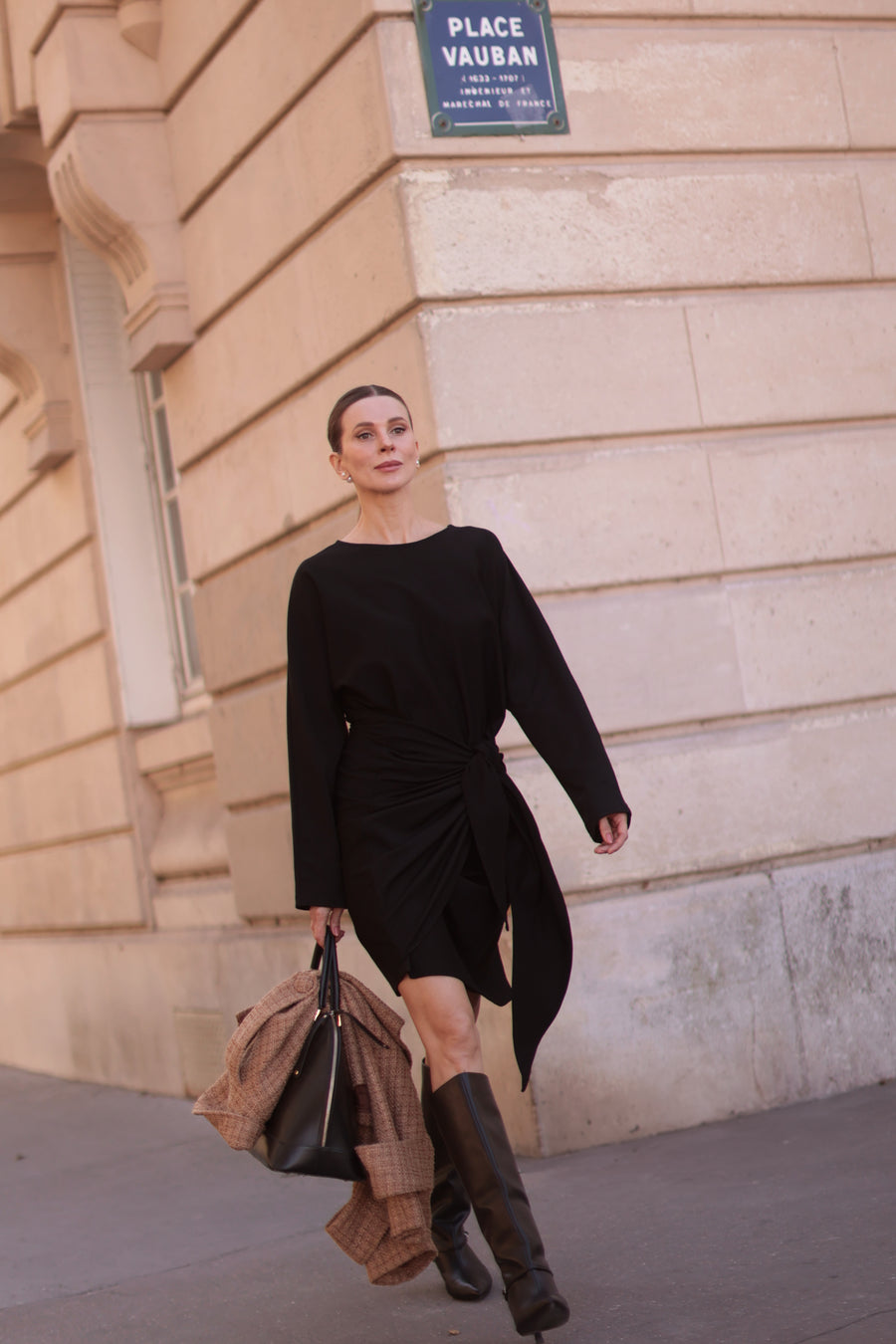 Classic Round Neck Black Wrap Dress