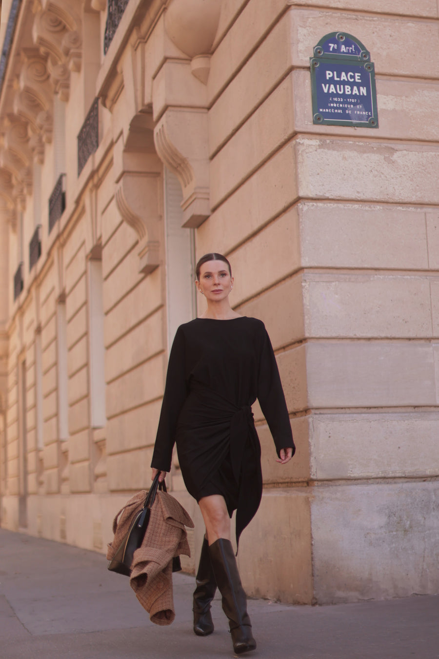 Classic Round Neck Black Wrap Dress