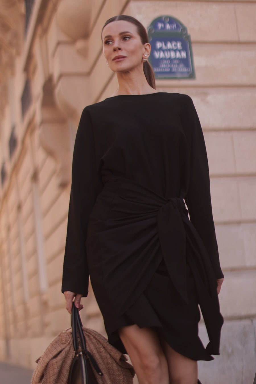 Classic Round Neck Black Wrap Dress