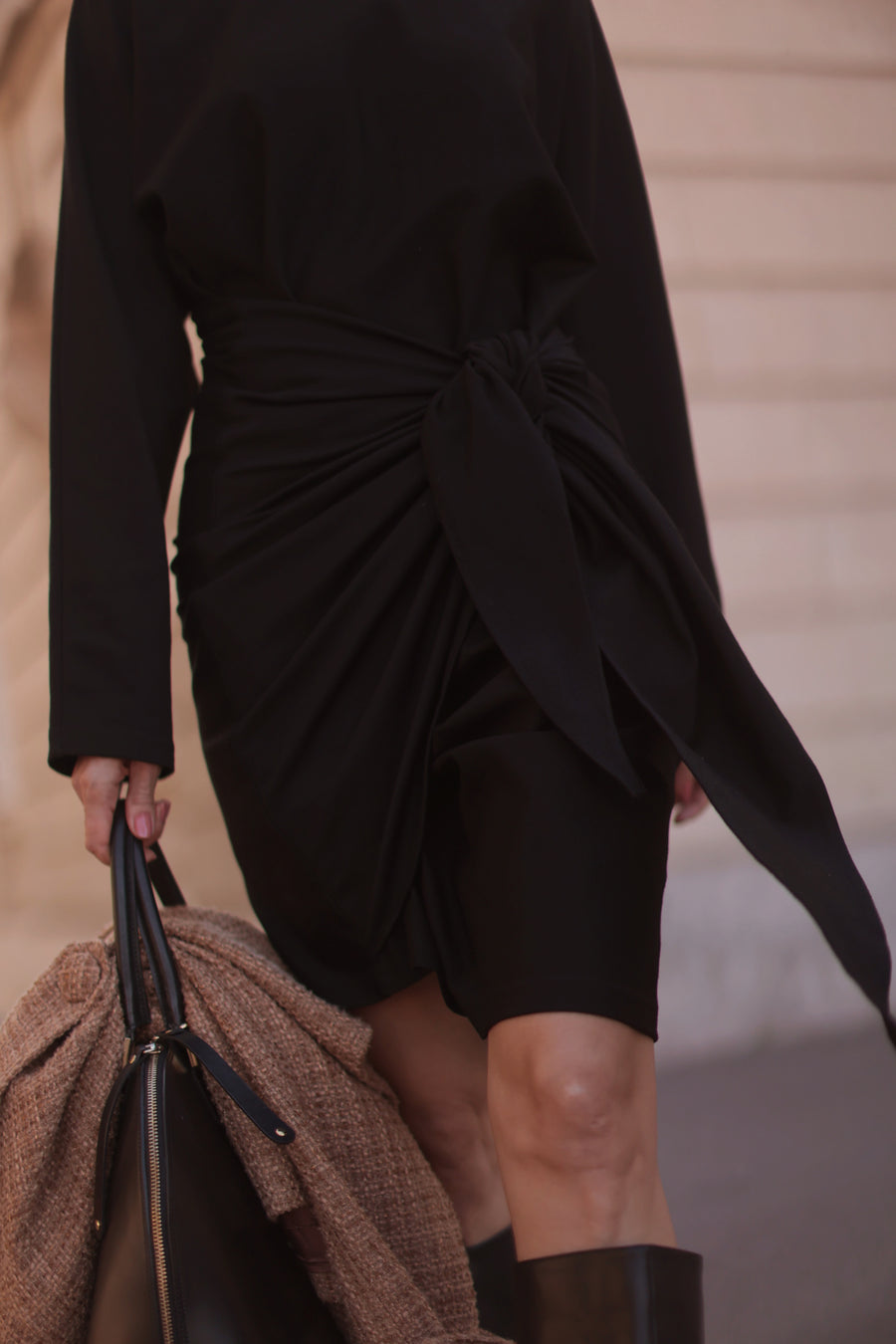 Classic Round Neck Black Wrap Dress