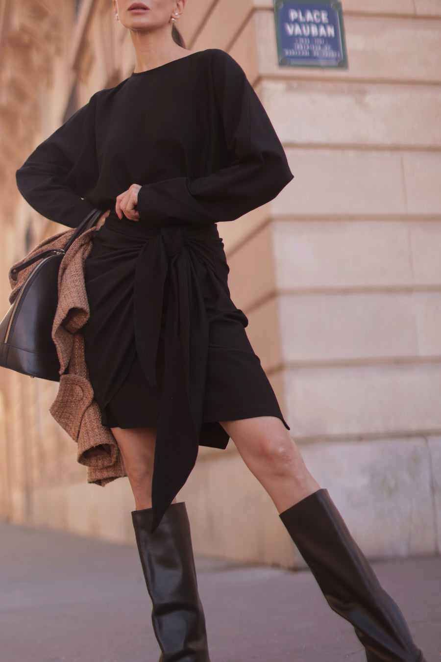 Classic Round Neck Black Wrap Dress