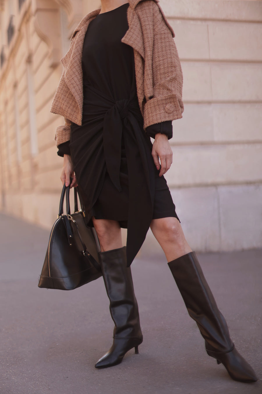 Classic Round Neck Black Wrap Dress
