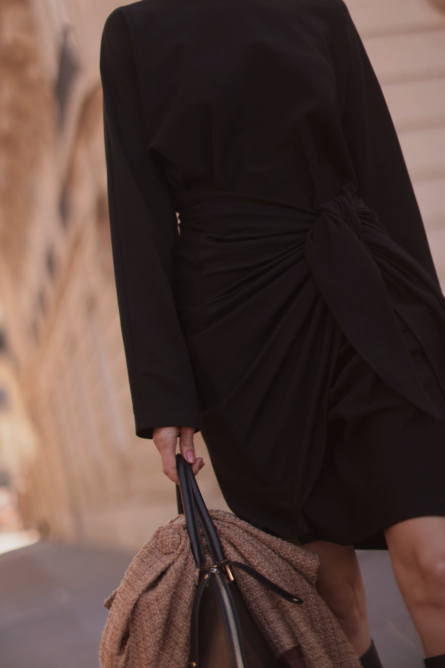 Classic Round Neck Black Wrap Dress