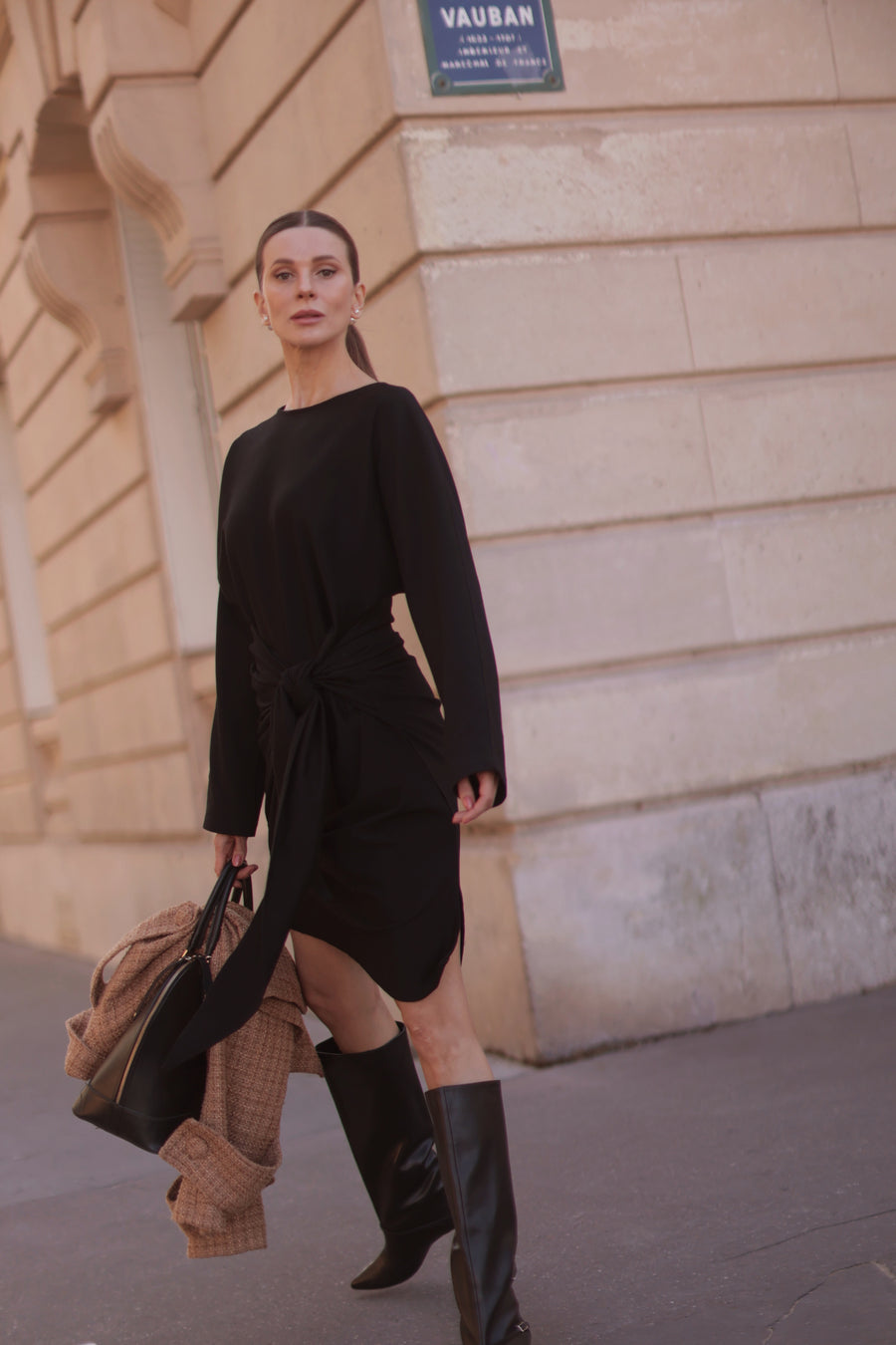 Classic Round Neck Black Wrap Dress