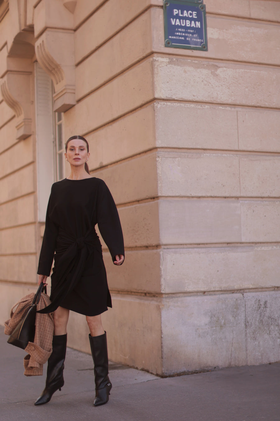 Classic Round Neck Black Wrap Dress